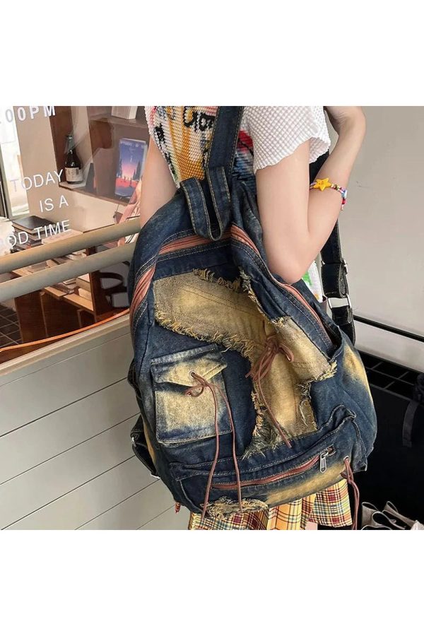 Distressed Vintage Denim Backpack - Y2K Grunge Style Essential