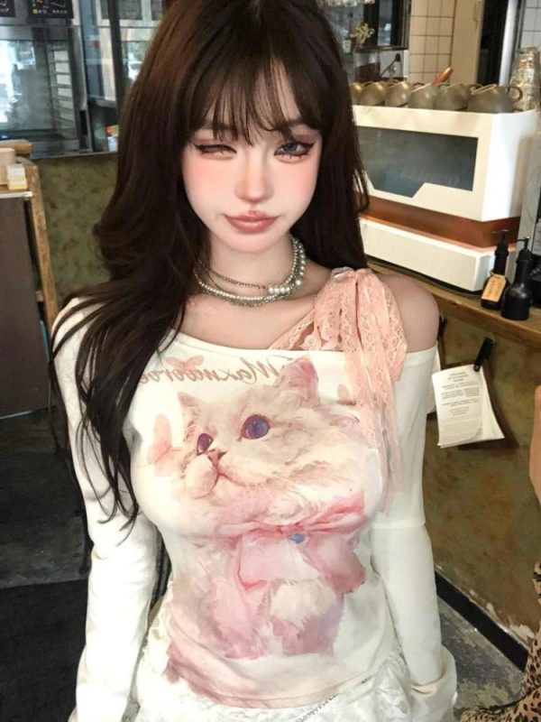 Dreamy Feline Y2K Graphic Top for Retro Summer Outfits