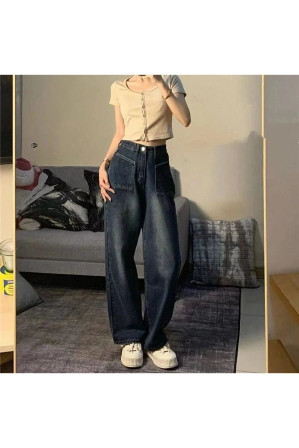 Fall Midnight Wide-Leg Jeans with Pockets - Y2K Grunge Style Essential