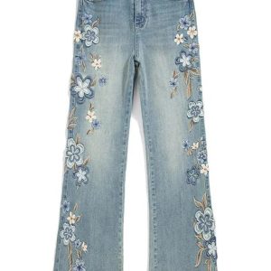 Floral Meadow Embroidered Y2K Jeans for Retro Summer Vibes