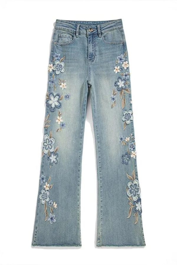 Floral Meadow Embroidered Y2K Jeans for Retro Summer Vibes