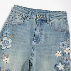 Floral Meadow Embroidered Y2K Jeans for Retro Summer Vibes