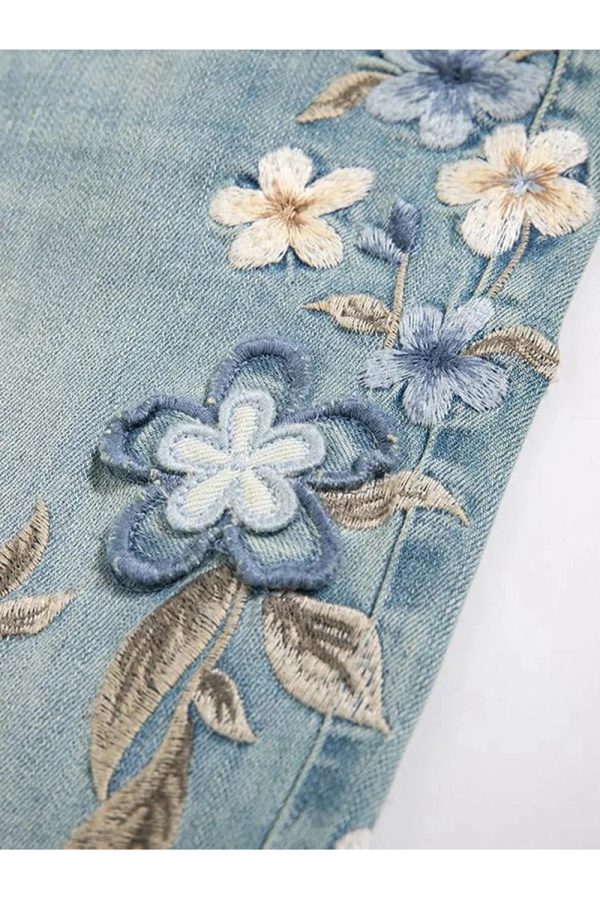 Floral Meadow Embroidered Y2K Jeans for Retro Summer Vibes