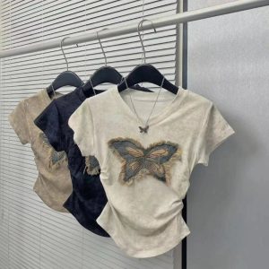 Frayed Butterfly Patch Top - Y2K Grunge Style for Summer Outfits