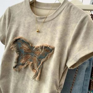 Frayed Butterfly Patch Top - Y2K Grunge Style for Summer Outfits