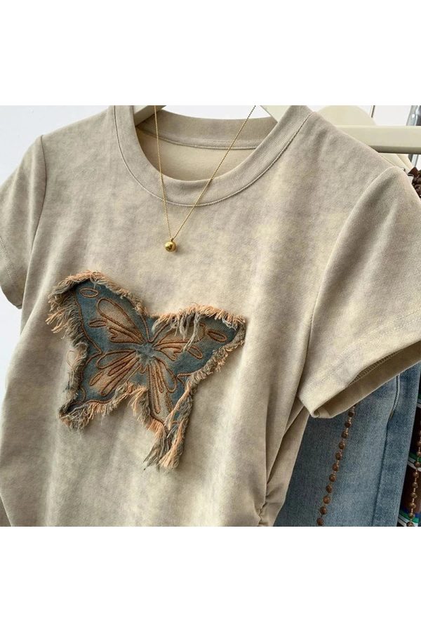 Frayed Butterfly Patch Top - Y2K Grunge Style for Summer Outfits