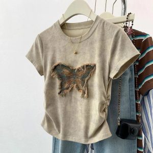 Frayed Butterfly Patch Top - Y2K Grunge Style for Summer Outfits