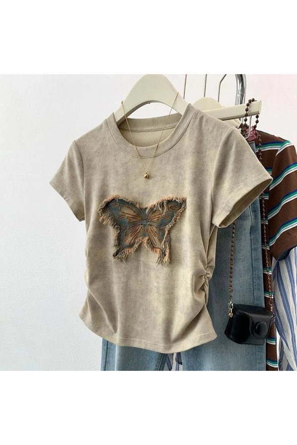 Frayed Butterfly Patch Top - Y2K Grunge Style for Summer Outfits