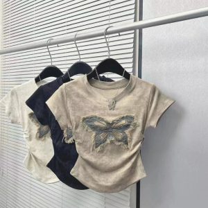 Frayed Butterfly Patch Top - Y2K Grunge Style for Summer Outfits