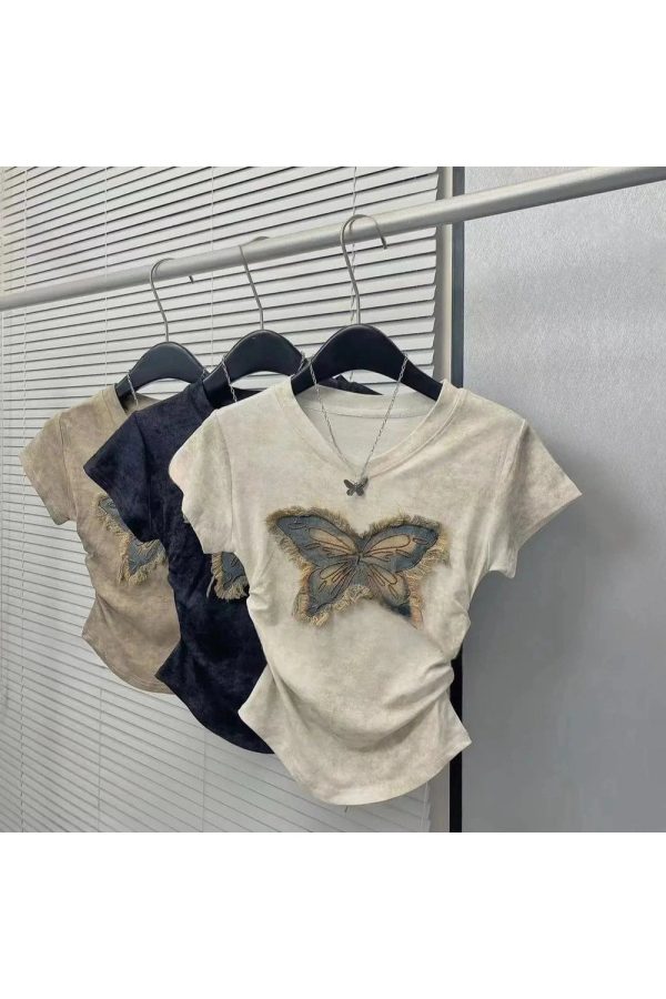 Frayed Butterfly Patch Top - Y2K Grunge Style for Summer Outfits