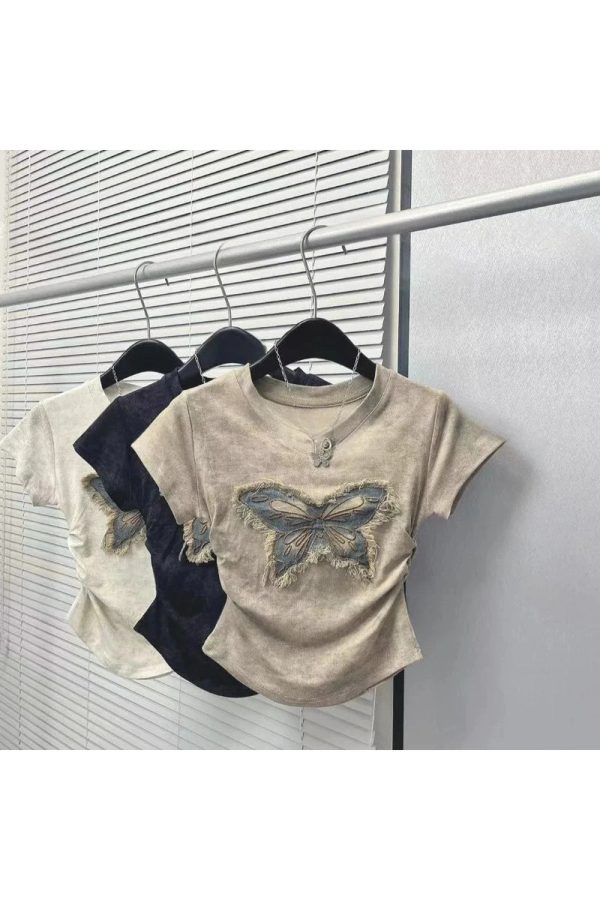 Frayed Butterfly Patch Top - Y2K Grunge Style for Summer Outfits