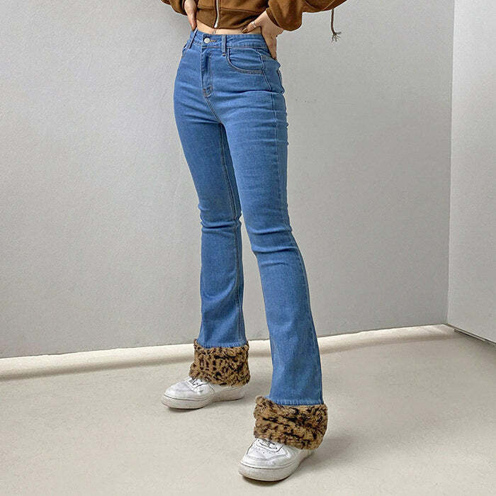 Fuzzy Leopard Trim Y2K Jeans for Trendy Summer Outfits