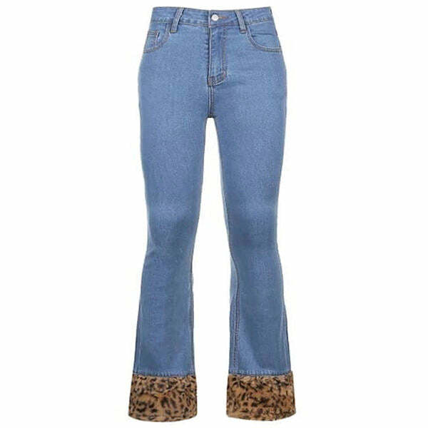 Fuzzy Leopard Trim Y2K Jeans for Trendy Summer Outfits