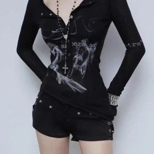 Goth Smoke Print Y2K Top for Grunge Summer Outfits and Parties