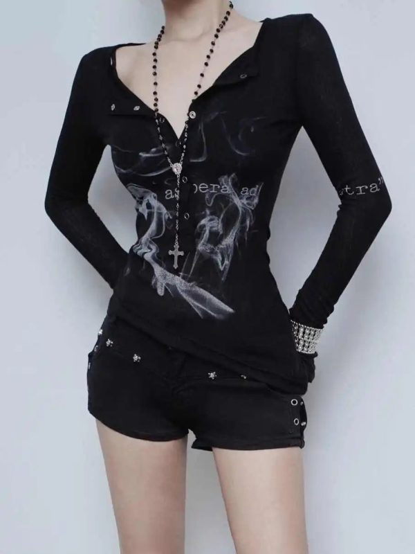 Goth Smoke Print Y2K Top for Grunge Summer Outfits and Parties