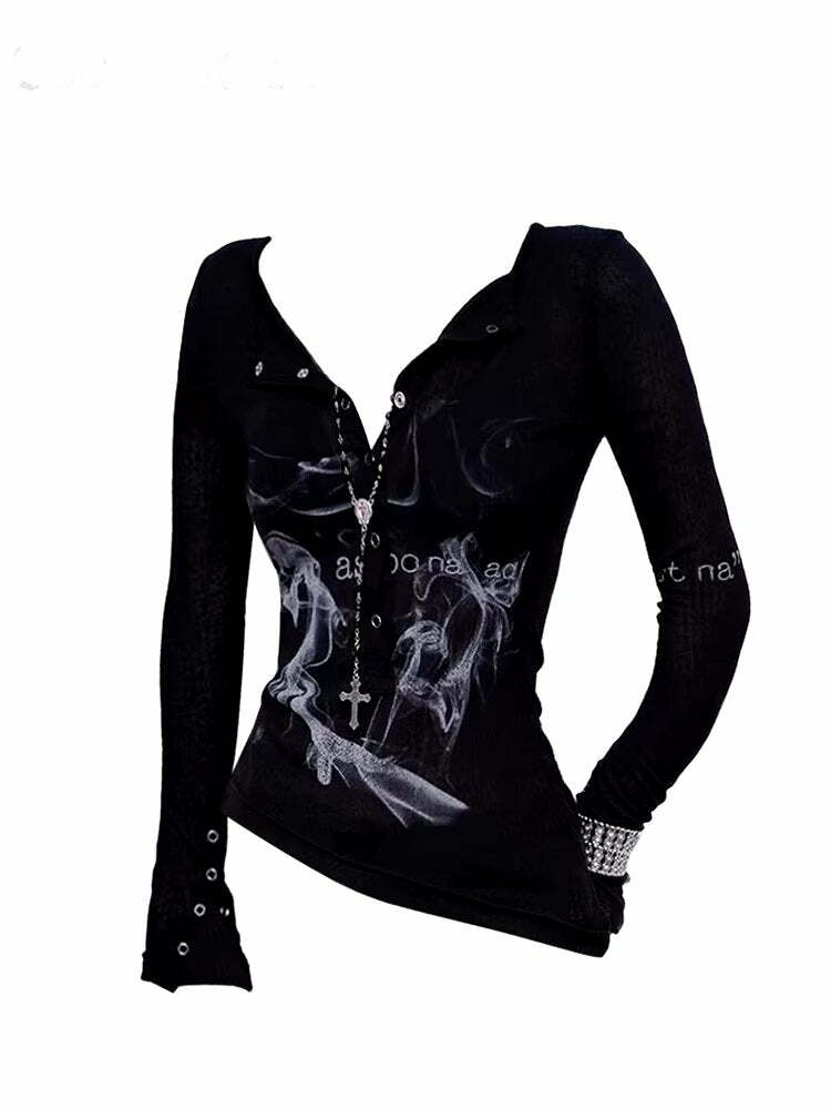 Goth Smoke Print Y2K Top for Grunge Summer Outfits and Parties