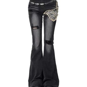 Gothic Butterfly Distressed Flare Jeans - Y2K Grunge Fashion Essential