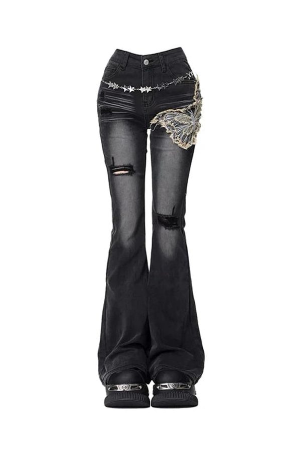 Gothic Butterfly Distressed Flare Jeans - Y2K Grunge Fashion Essential