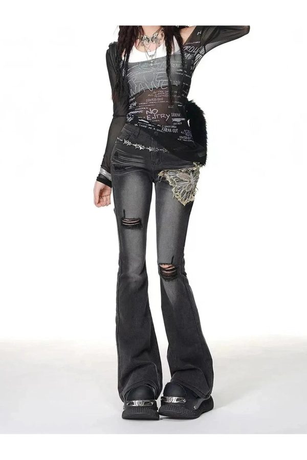 Gothic Butterfly Distressed Flare Jeans - Y2K Grunge Fashion Essential