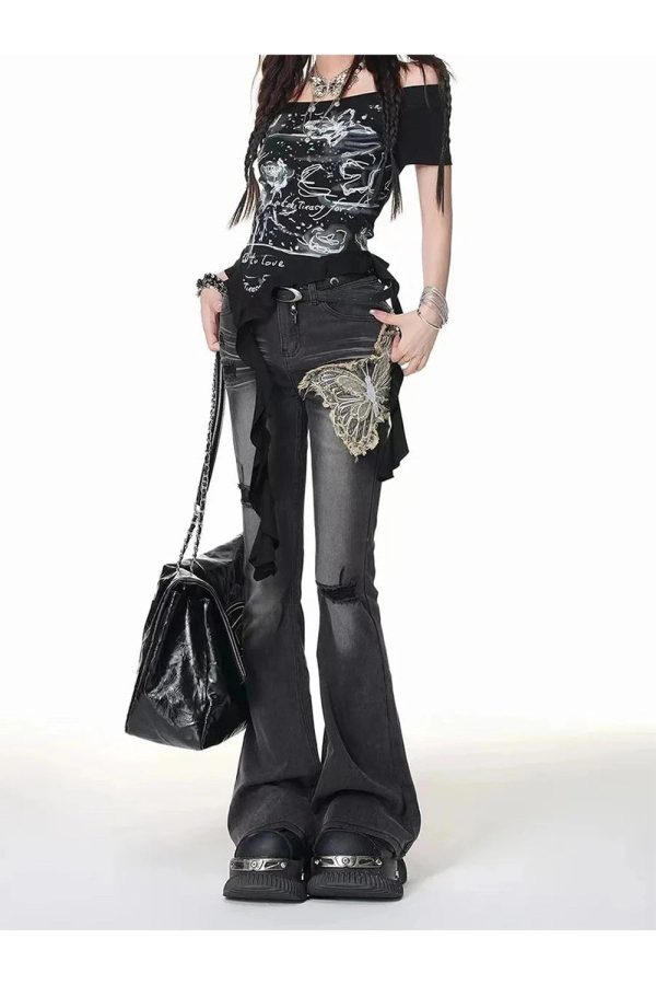 Gothic Butterfly Distressed Flare Jeans - Y2K Grunge Fashion Essential