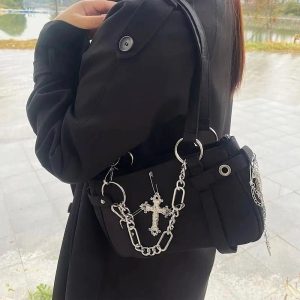 Gothic Cross Chain Shoulder Bag - Y2K Grunge Style Accessory for Outfits