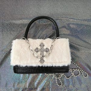 Gothic Cross Faux Fur Shoulder Bag - Y2K Grunge Style Accessory