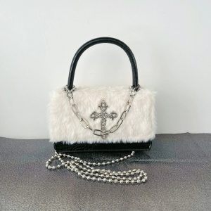 Gothic Cross Faux Fur Shoulder Bag - Y2K Grunge Style Accessory