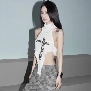 Gothic Cross Halter Knit Top - Y2K Grunge Style for Summer Outfits