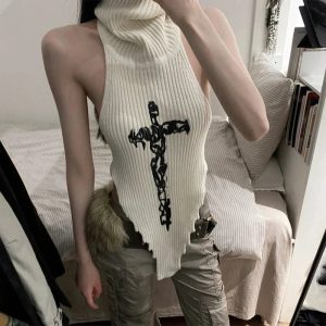 Gothic Cross Halter Knit Top - Y2K Grunge Style for Summer Outfits