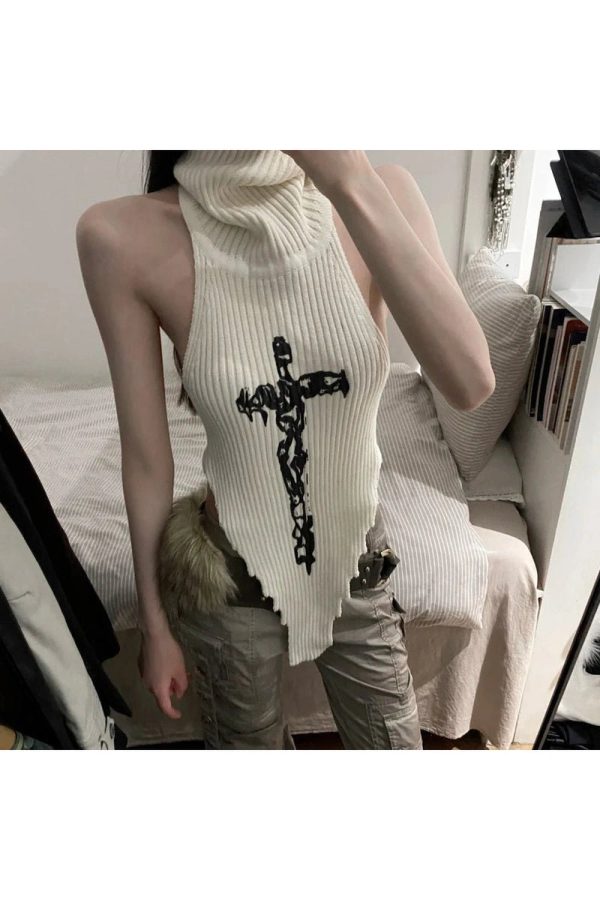 Gothic Cross Halter Knit Top - Y2K Grunge Style for Summer Outfits