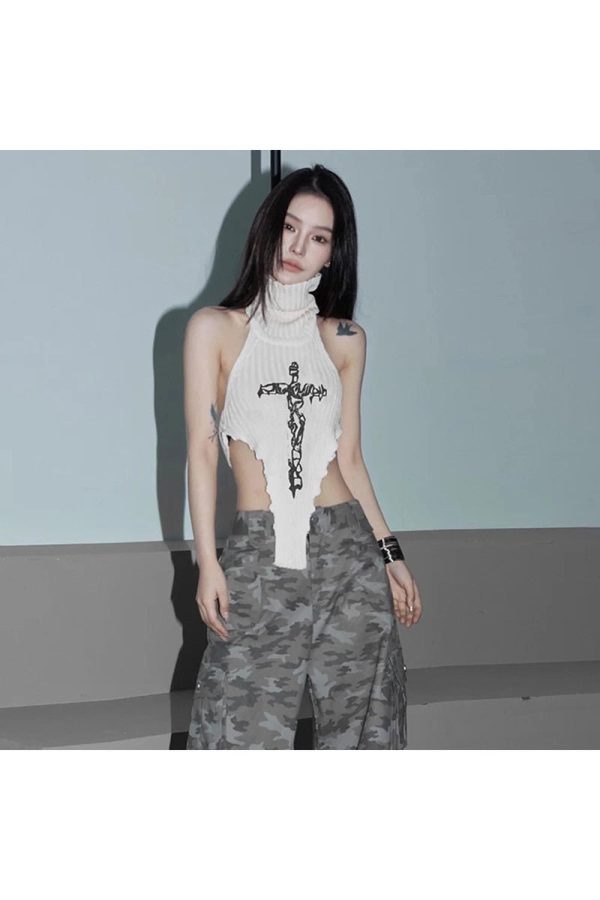 Gothic Cross Halter Knit Top - Y2K Grunge Style for Summer Outfits