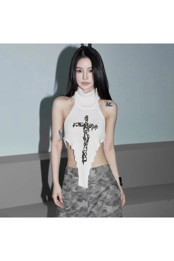 Gothic Cross Halter Knit Top - Y2K Grunge Style for Summer Outfits