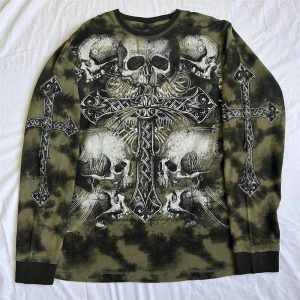 Gothic Cross & Skull Print Long Sleeve Top - Y2K Grunge Fashion Essential