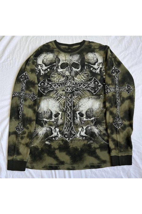 Gothic Cross & Skull Print Long Sleeve Top - Y2K Grunge Fashion Essential