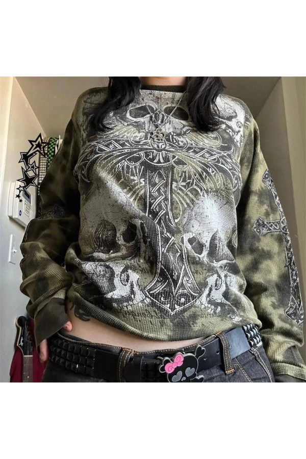 Gothic Cross & Skull Print Long Sleeve Top - Y2K Grunge Fashion Essential