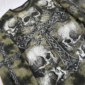 Gothic Cross & Skull Print Long Sleeve Top - Y2K Grunge Fashion Essential