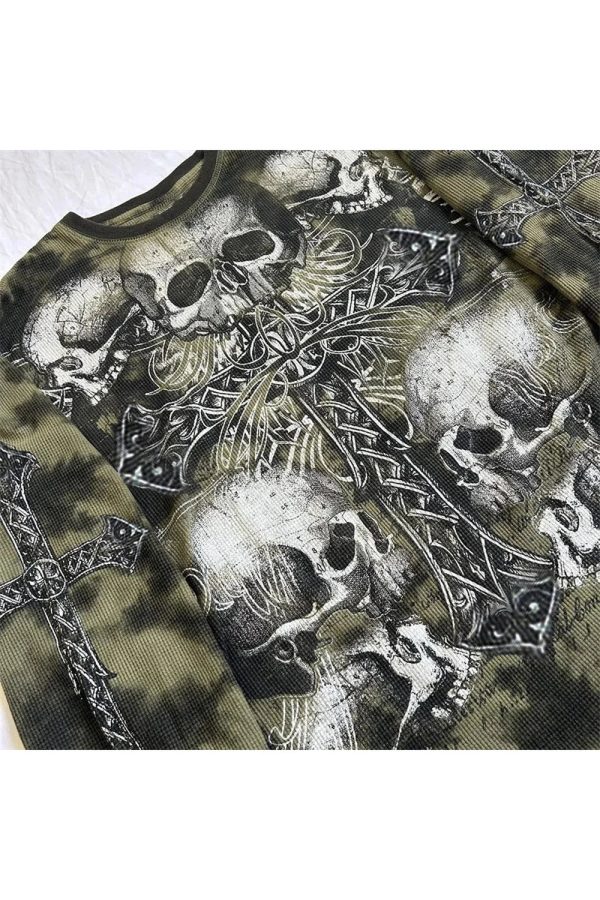 Gothic Cross & Skull Print Long Sleeve Top - Y2K Grunge Fashion Essential