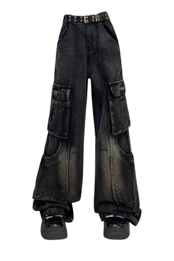 Gothic Y2K Cargo Flare Jeans for Retro 90s Grunge Summer Style