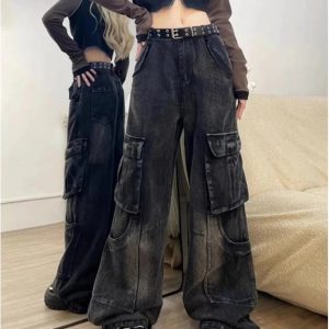 Gothic Y2K Cargo Flare Jeans for Retro 90s Grunge Summer Style