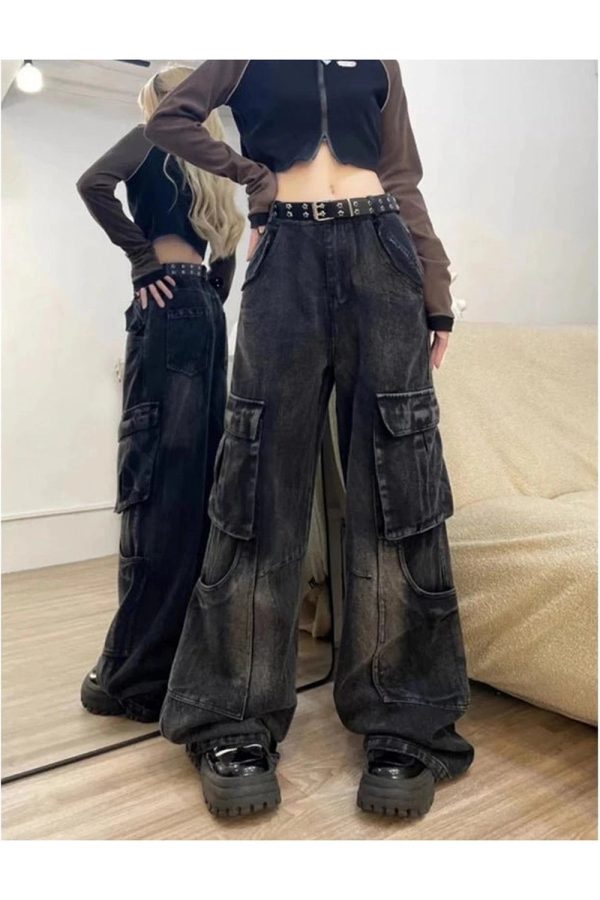 Gothic Y2K Cargo Flare Jeans for Retro 90s Grunge Summer Style