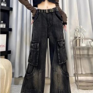 Gothic Y2K Cargo Flare Jeans for Retro 90s Grunge Summer Style