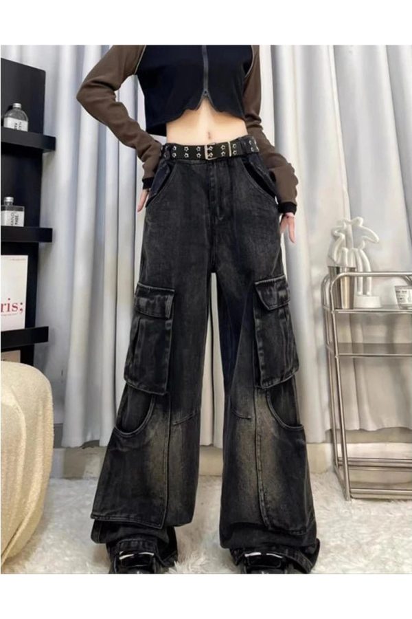 Gothic Y2K Cargo Flare Jeans for Retro 90s Grunge Summer Style