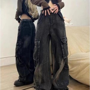 Gothic Y2K Cargo Flare Jeans for Retro 90s Grunge Summer Style