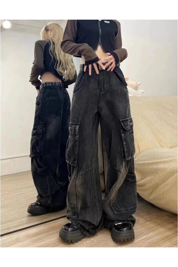 Gothic Y2K Cargo Flare Jeans for Retro 90s Grunge Summer Style