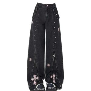 Gothic Y2K Cross Flare Jeans for Retro 90s Grunge Summer Outfits