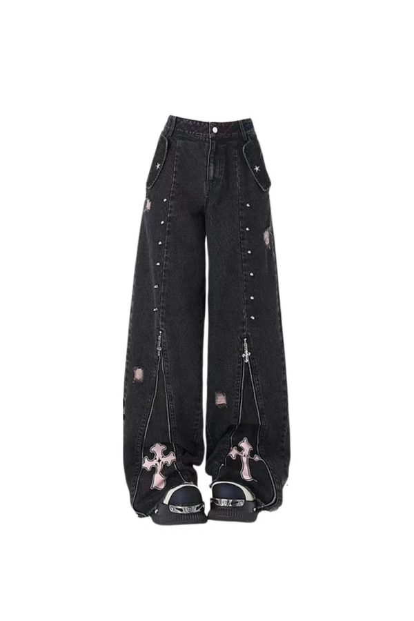 Gothic Y2K Cross Flare Jeans for Retro 90s Grunge Summer Outfits