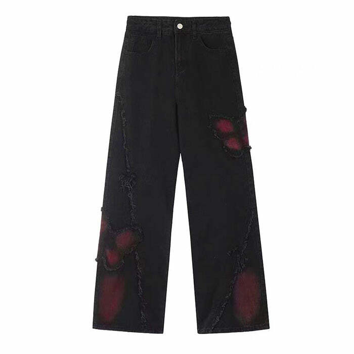 Grunge Aesthetic Black & Red Butterfly Y2K Jeans for Retro Style Lovers