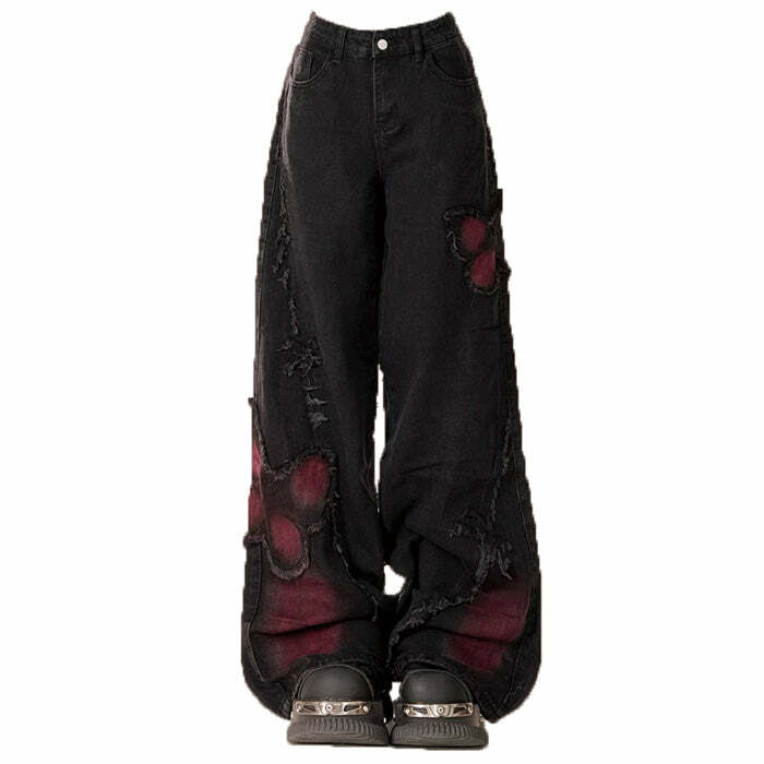 Grunge Aesthetic Black & Red Butterfly Y2K Jeans for Retro Style Lovers