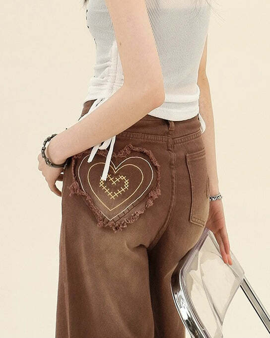 Heart Pocket Y2K Brown Jeans - Retro 90s Grunge Style for Summer Outfits