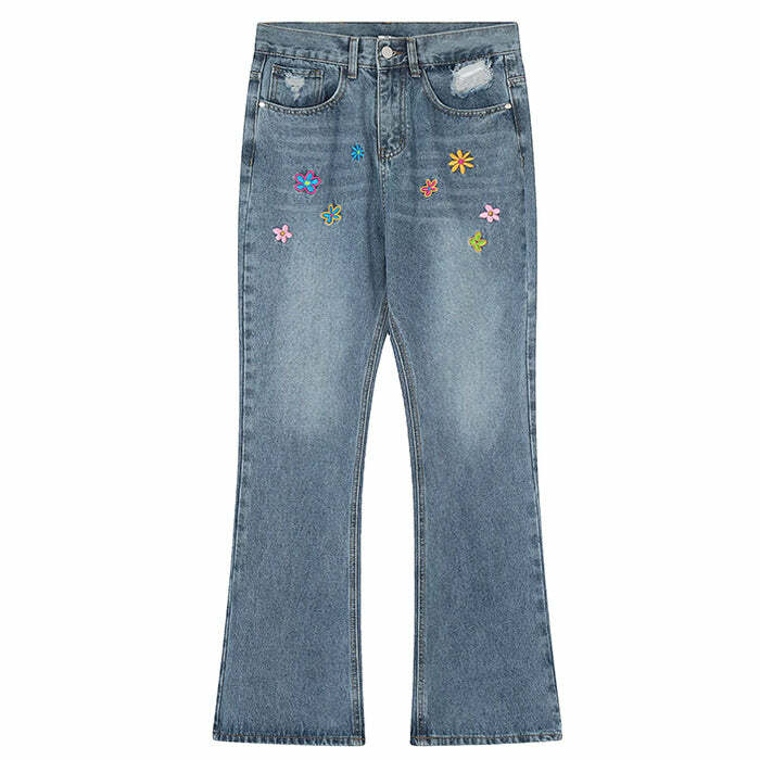 Indie Aesthetic Y2K Flower Embroidery Jeans for Retro Summer Vibes